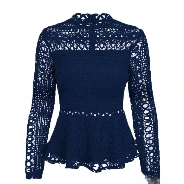Sweet Crocheted Hollow Long Sleeve White Lace Shirt Top Navy - Shop at LoveMi