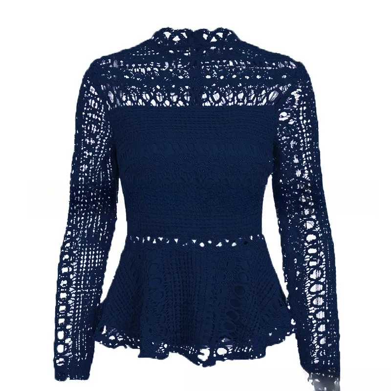 Sweet Crocheted Hollow Long Sleeve White Lace Shirt Top - Navy