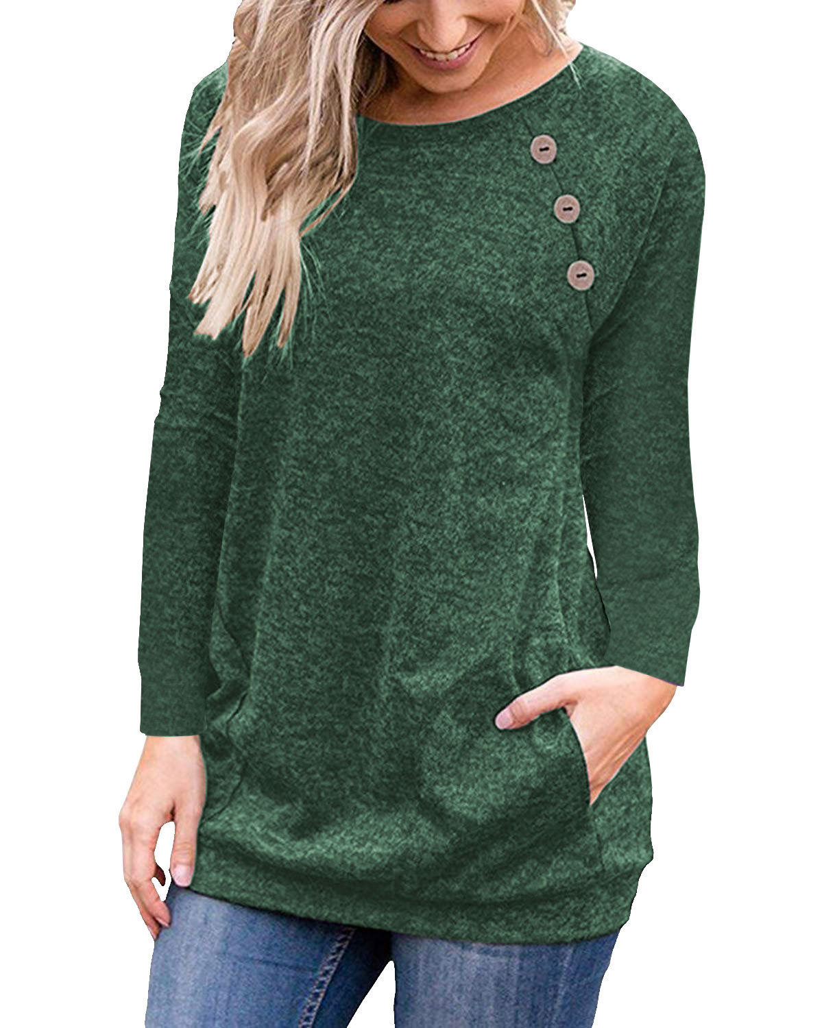 T-shirt Women's Round Neck Button Stitching Long Sleeve Pocket Top