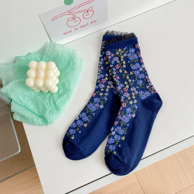 Ethnic Style Retro Embossed Jacquard Mid Tube Cotton Women's Socks Navy Blue - Shop at LoveMi