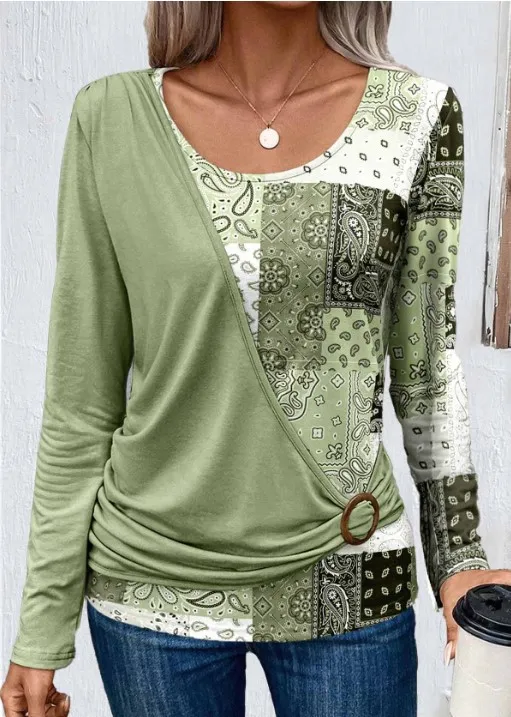 Printed Solid Color Stitching Casual Long Sleeve Shirt Green - Shop at LoveMi