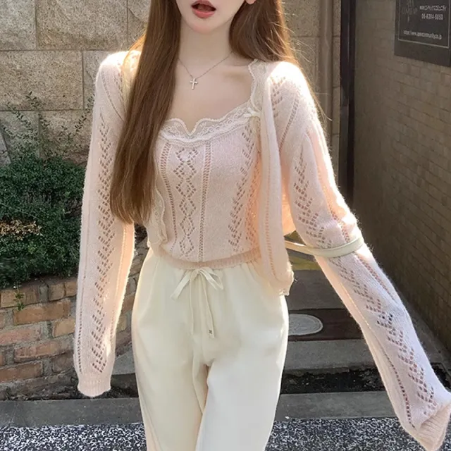 Fashion Rhombus Strappy Cardigan Suit Women Pink - Shop at LoveMi