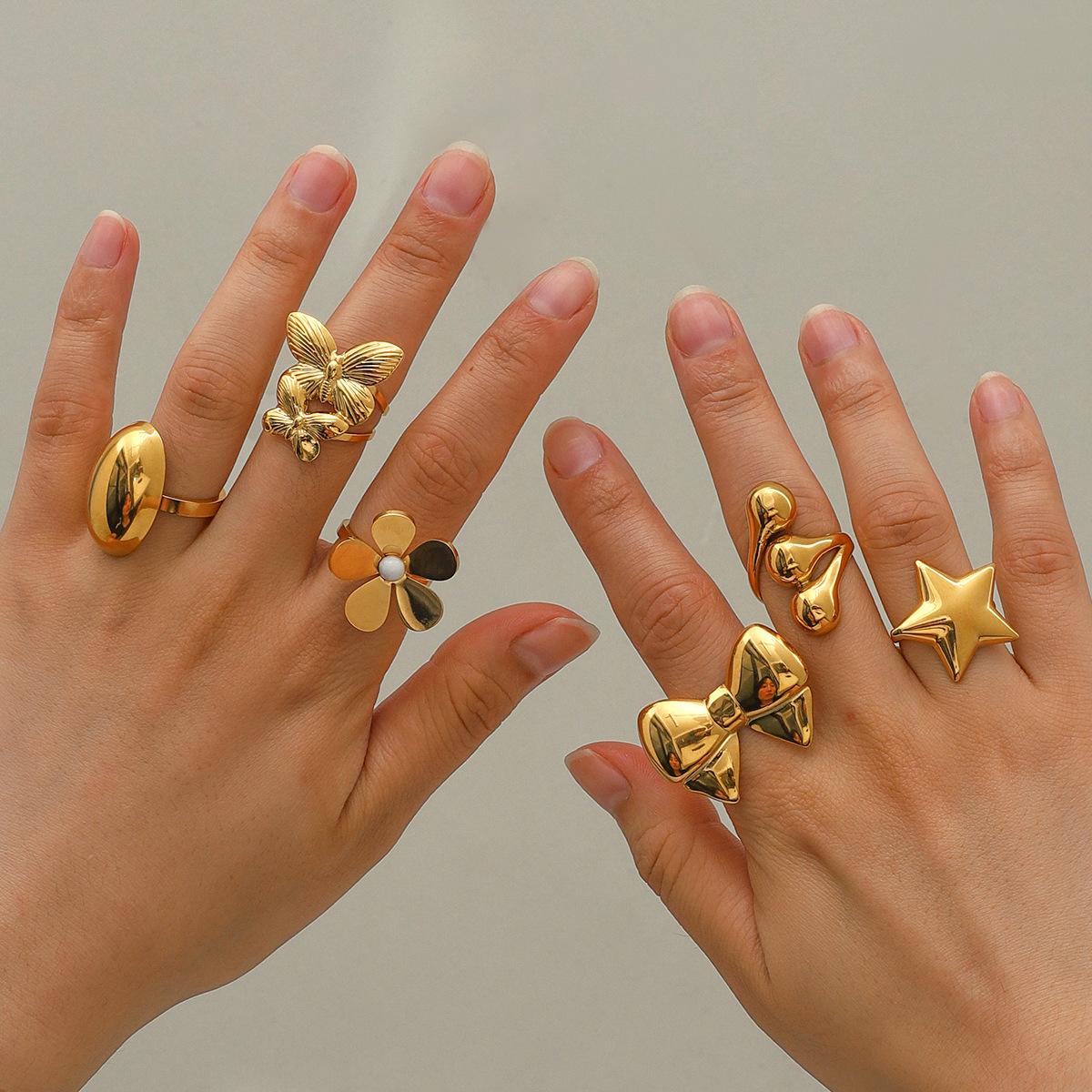 18K Gold Stainless Steel Five Petal Flower Bow Ring