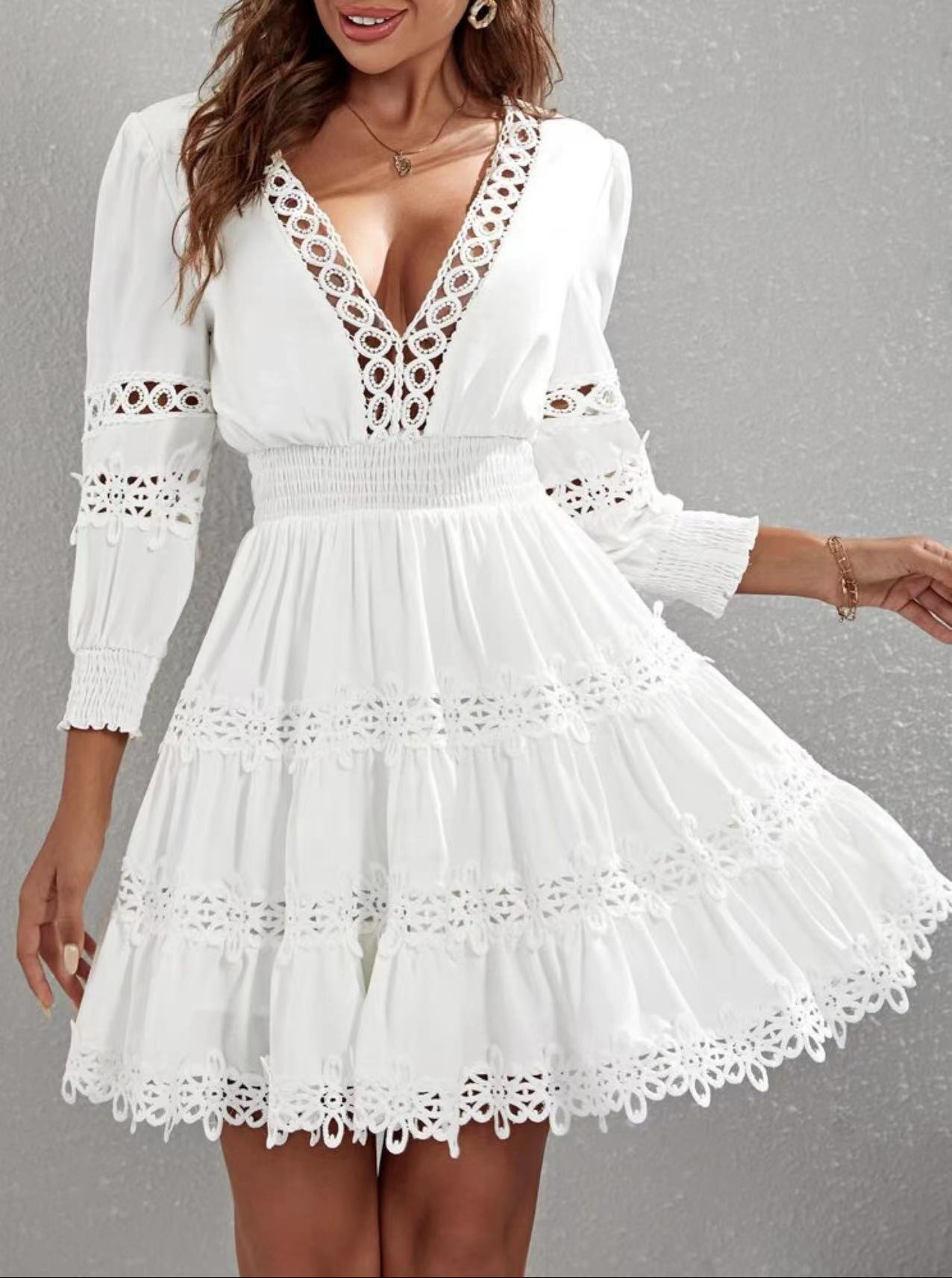 Women's Hollowedout Vneck Lanternsleeve Lacetrimmed Slimfit Dress