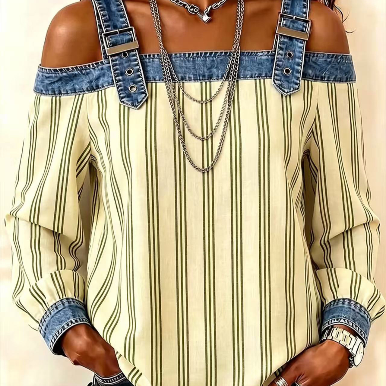 Womens Denim Patchwork Off-Shoulder Top