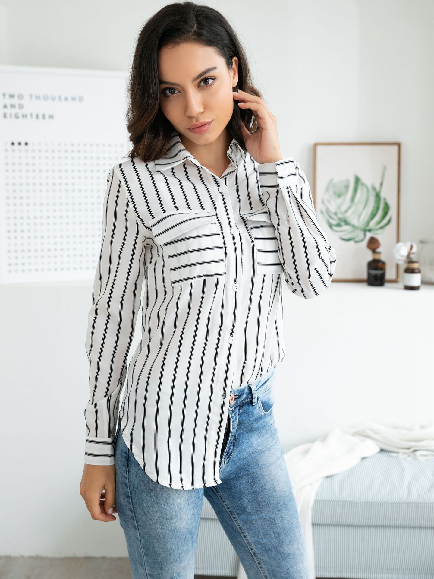 Title 8, Sexy vertical stripe shirt V-Neck long sleeve t...