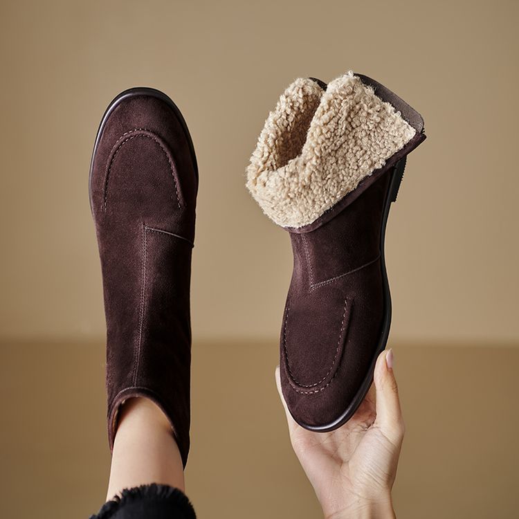 Womens Fleece-Lined Thick Simple Stylish Round-Toe Low-Heel Ankle Boots For FallWinter