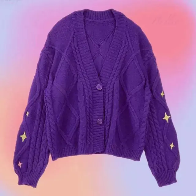 Sweater Cardigan Coat Embroidery Casual Knitting Purple - Shop at LoveMi