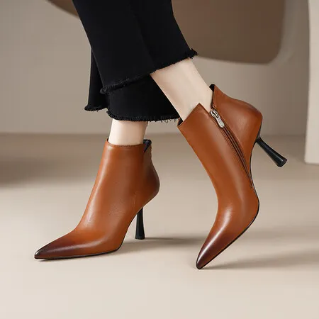 Fashion Boots, Cowhide Ankle Boots, Women's Mid heel Single layer Boots Brown - Shop at LoveMi