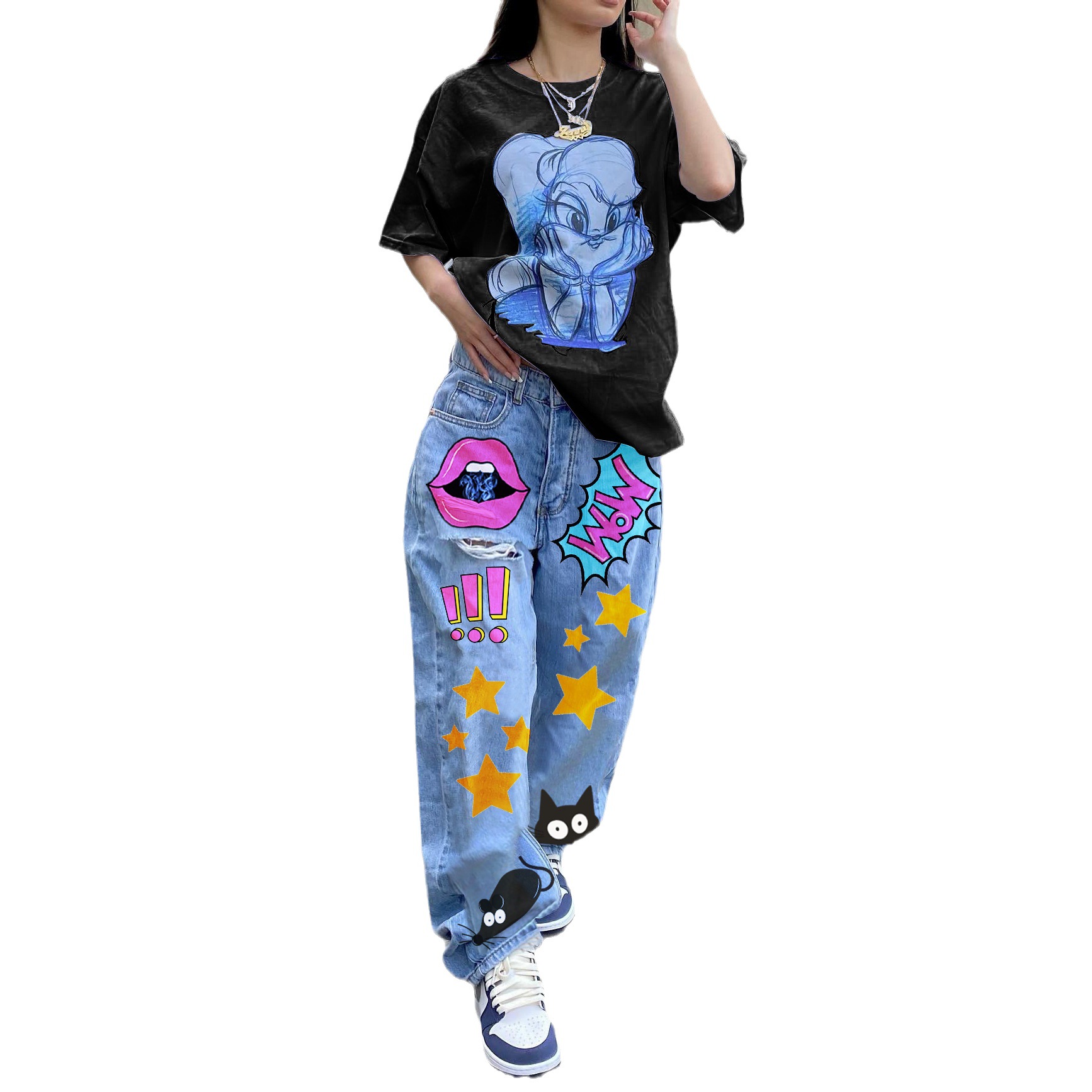 INS European And American Style Autumn Fashion Low Waist Vintage Printed Slim Fit Straight-leg Denim Trousers - Image 4