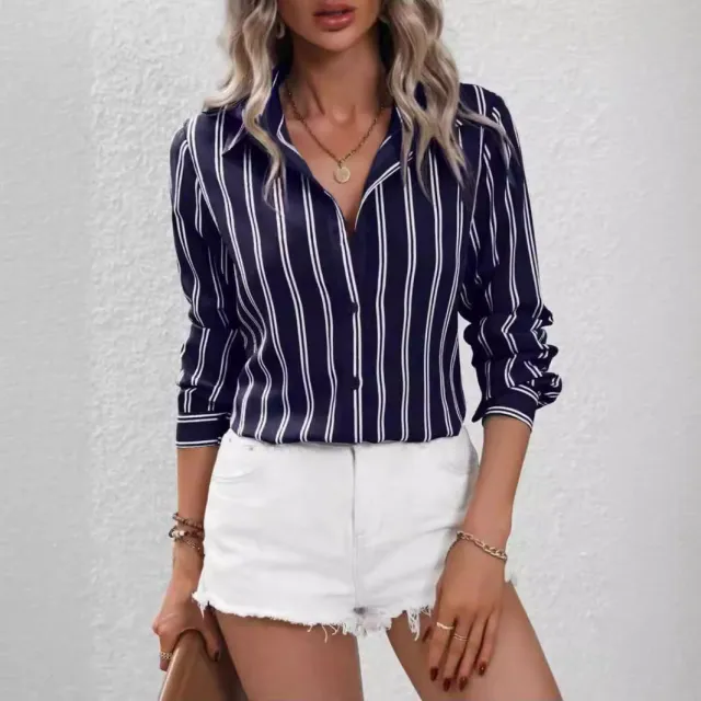 Commute Style Fashion Striped Loose Long Sleeve Shirt Dark Blue - Shop at LoveMi