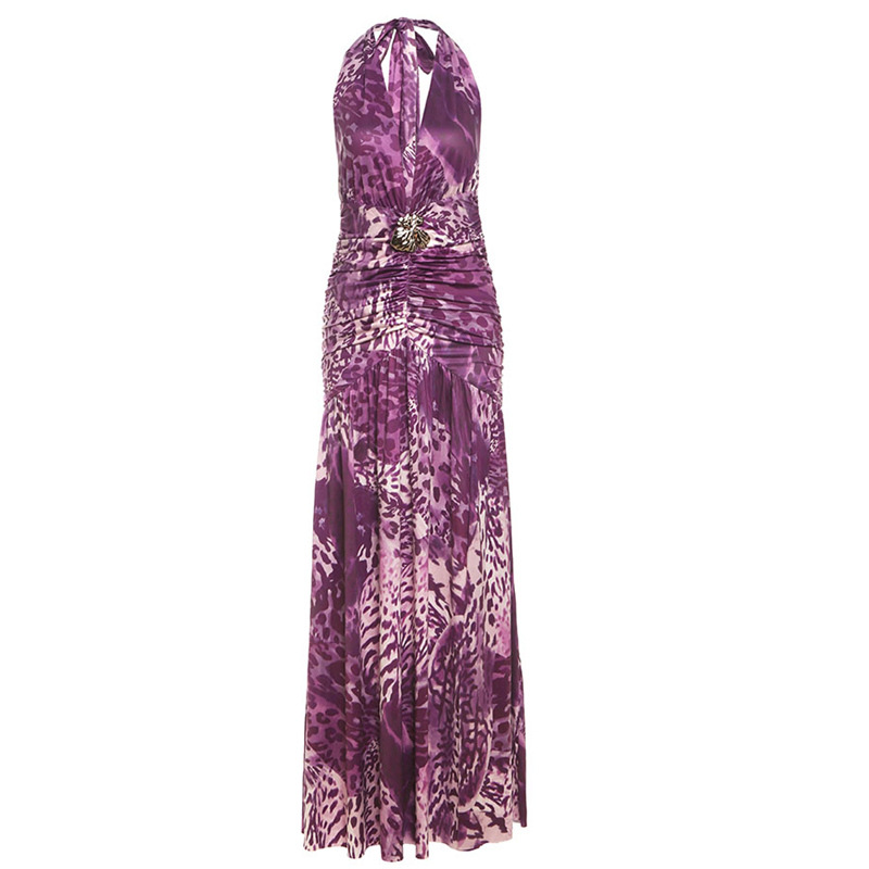 Summer Sexy Leopard Print Deep V Metal Decoration Halter Backless Dress Purple - Shop at LoveMi