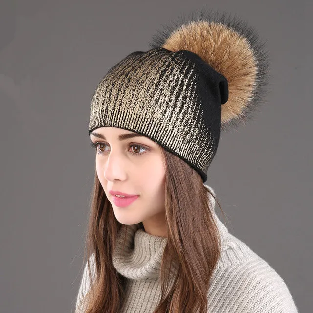 Warm Wool Knitted Hat Women's Hot Gold And Silver Color Women Black Gold Natural Color Ball - Shop at LoveMi
