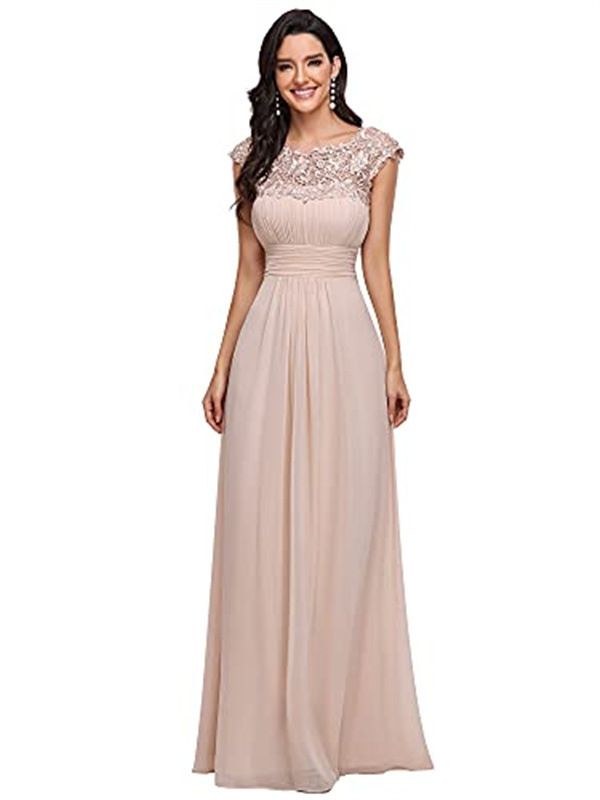 Bridesmaid Dress Women's Cover Sleeve Chiffon Neckline Pleated Lace Dress