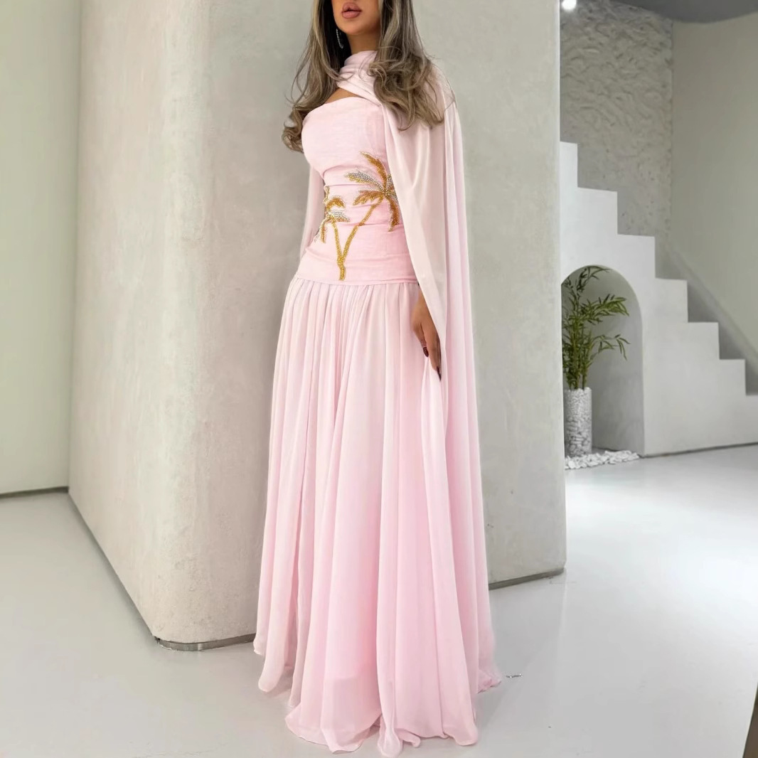 Sexy Chiffon Shawl Beaded Evening Dress Pink - Shop at LoveMi