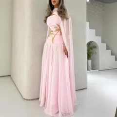 Sexy Chiffon Shawl Beaded Evening Dress - Pink - View 1