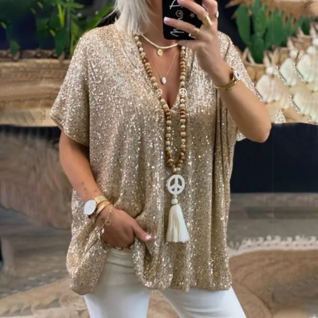 Loose Pullover Sequined V neck T shirt Top Women's Clothing Gold - Shop at LoveMi