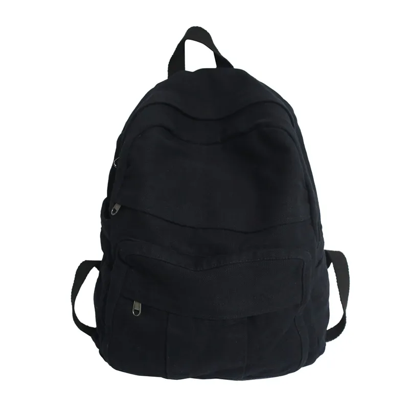 Washed Solid Color Canvas Schoolbag - Black