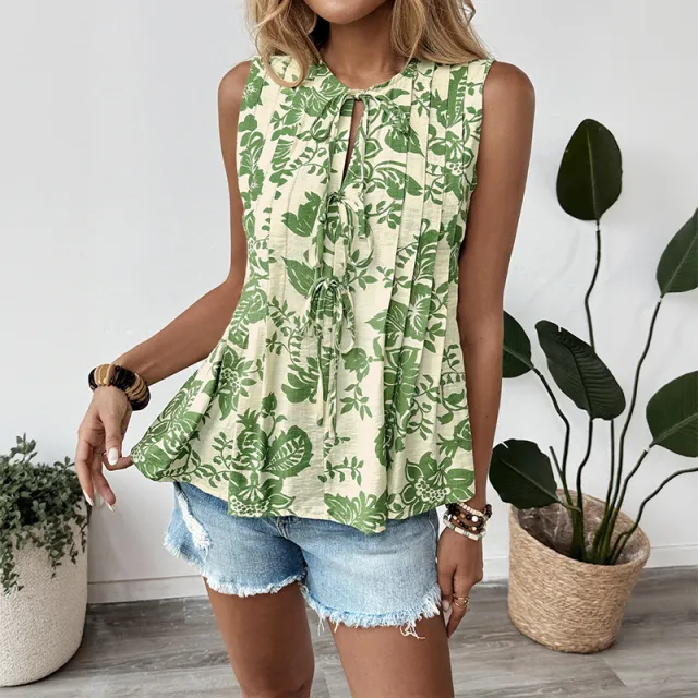 Temperament Top Pleated Tie Women's Sleeveless Shirt Green - Shop at LoveMi