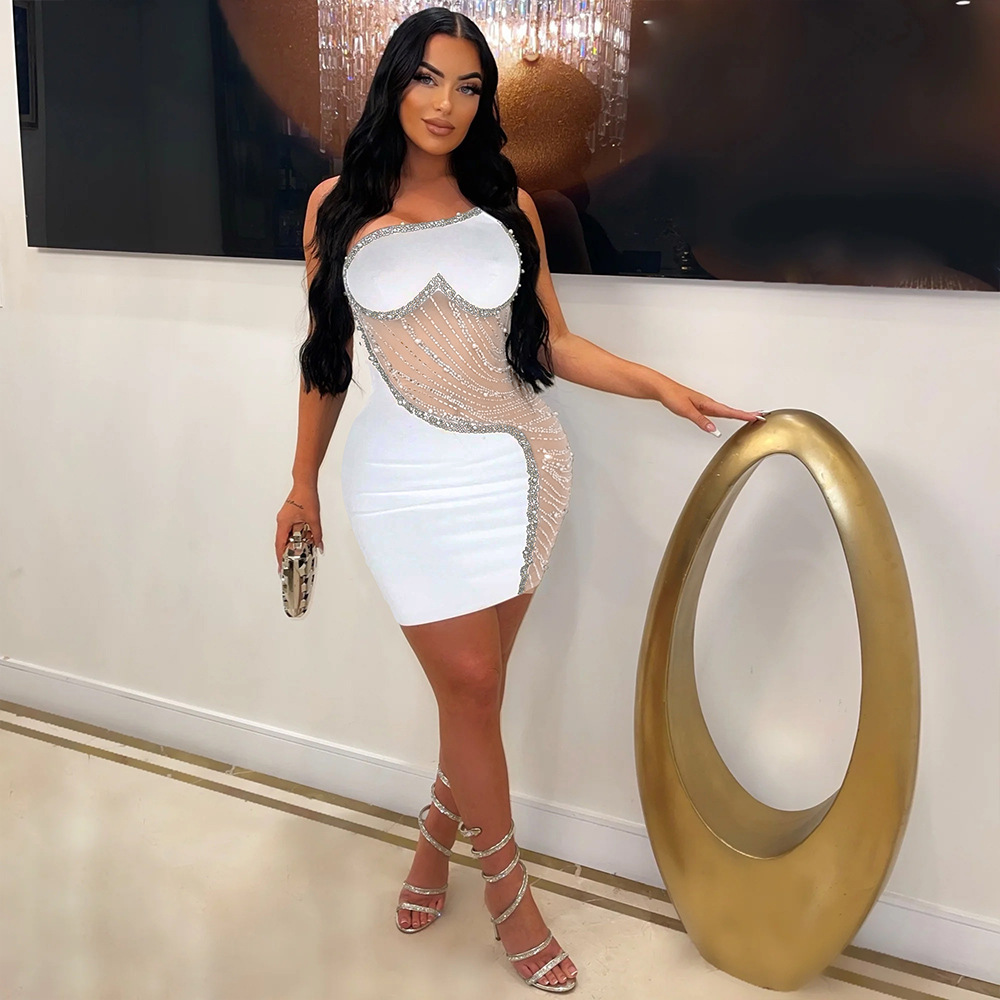 Fashion Solid Color Sheer Mesh Hot Rhinestone Sling Dress