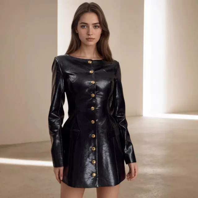 Elegant Fashionable Round Neck Long Sleeve Metal Button Waist Leather Coat Black - Shop at LoveMi