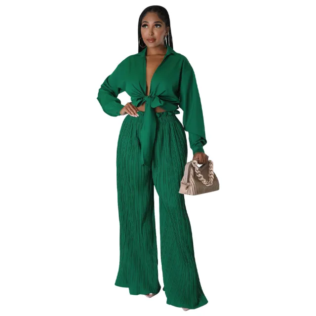 Cross Border Autumn Best selling Women's Long Sleeve V neck Lace up Top Pleated Blouse And Pants Green - Shop at LoveMi