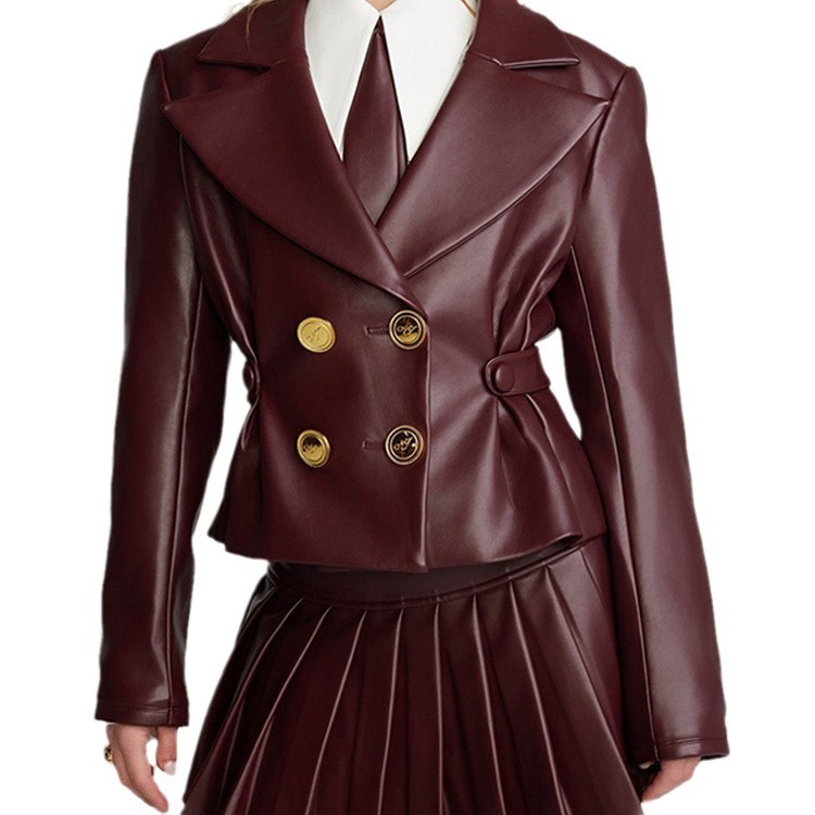 Wine Red Short Jacket Pleated Skirt Suit