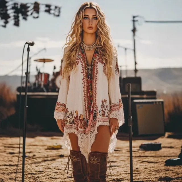 Plus size Music Festival Retro Casual Wasteland Style Ethnic Dress White - Shop at LoveMi