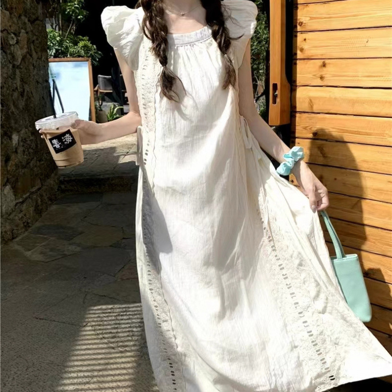 Womens Solid-color French-style Soft-look Hollow-out Bishop-sleeve Lace-up Dress