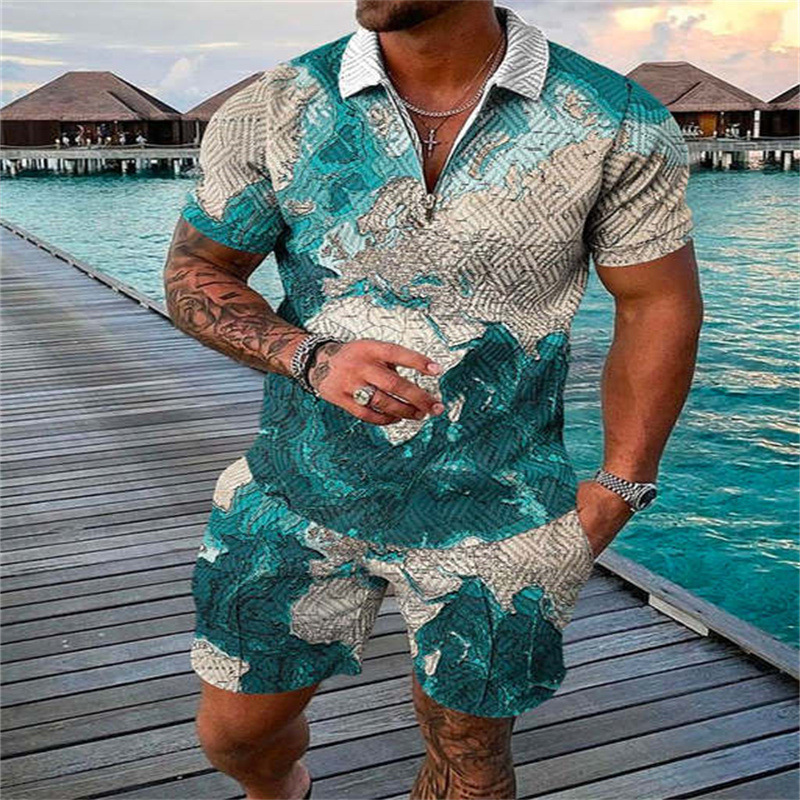 Zipper Polo Shirt Suit Men's Casual 3D