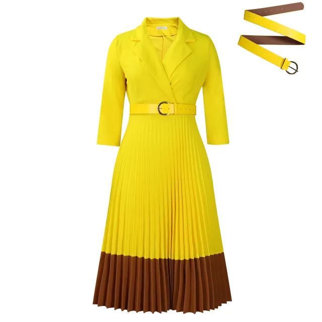 Suit Collar Fashion Elegant Pleated African Dress Yellow With Belt - Shop at LoveMi
