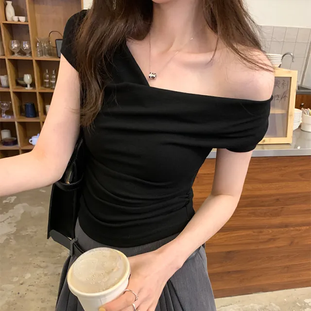 Off shoulder Slim T shirt Women Short Sleeve Black - Shop at LoveMi