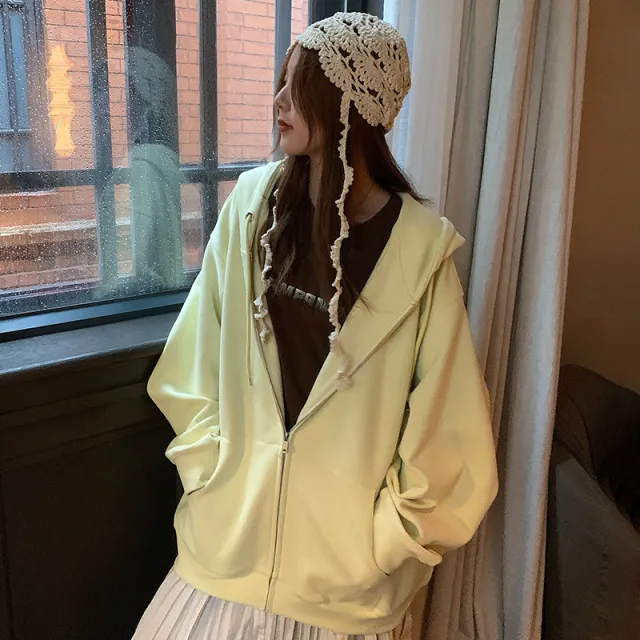 Solid Color Zipper Sweater Coat Women's Autumn Korean Style Hooded Tender Yellow - Shop at LoveMi