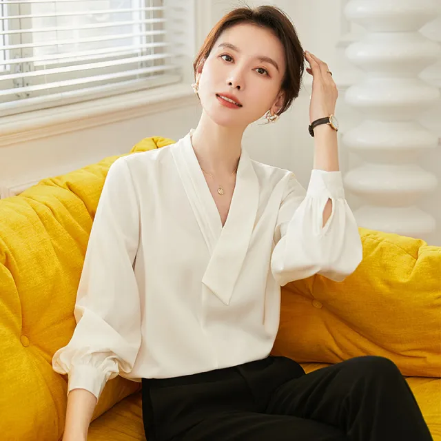 Commuter Long Sleeve Loose V neck Design Sense Business Wear Overalls White Shirt Loose Design - Shop at LoveMi