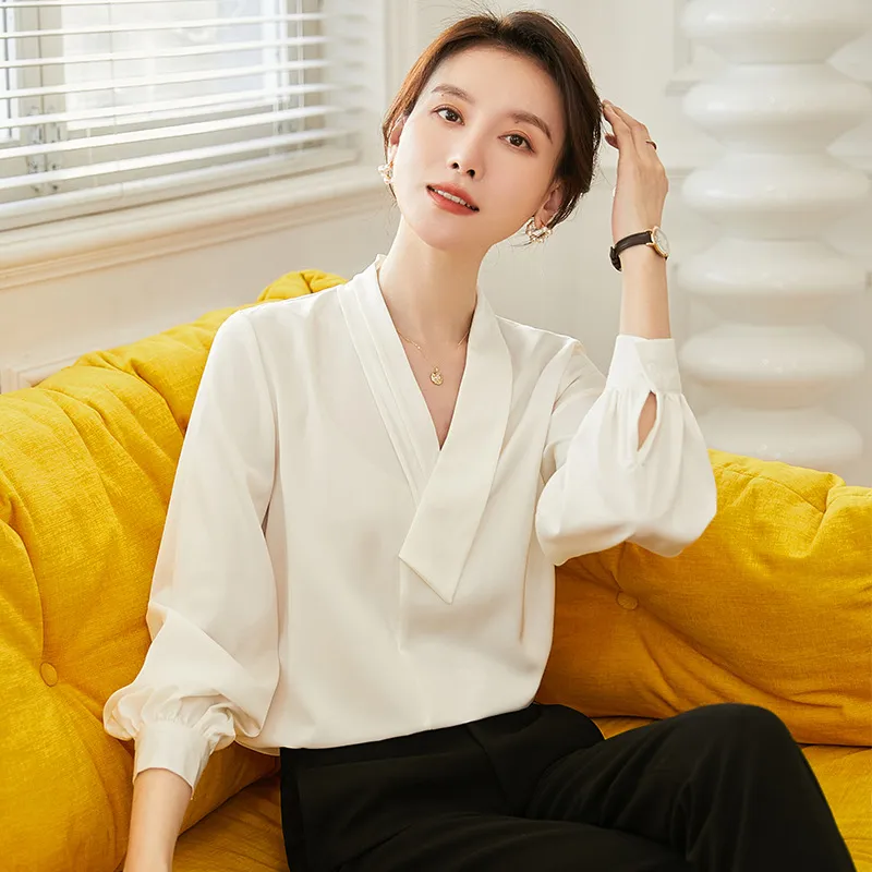 Commuter Long Sleeve Loose V-neck Design Sense Business Wear Overalls - White Shirt Loose Design