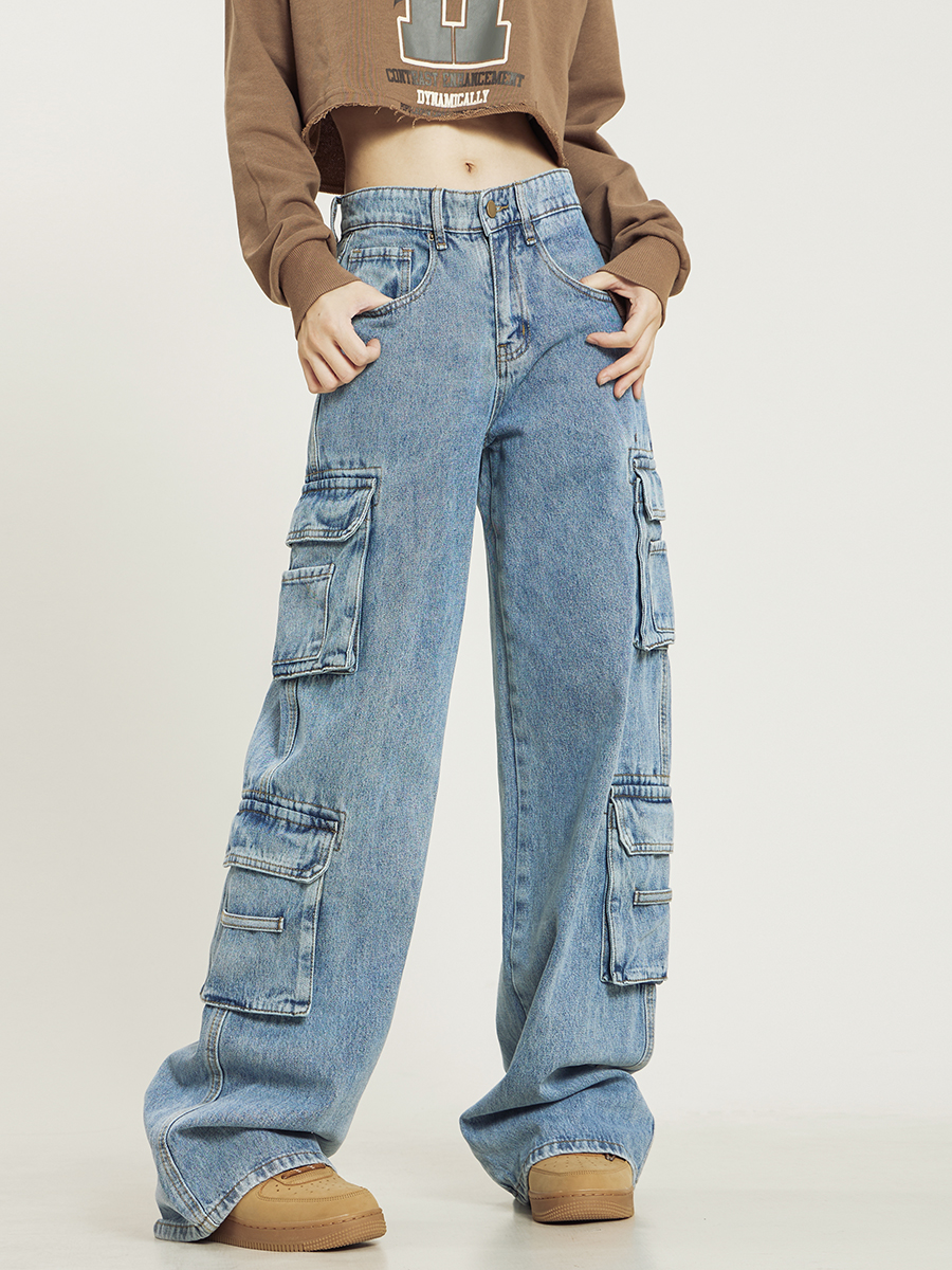 Retro Washed Multi-pocket Jeans Women's Overalls Straight Casual Pants - Image 2