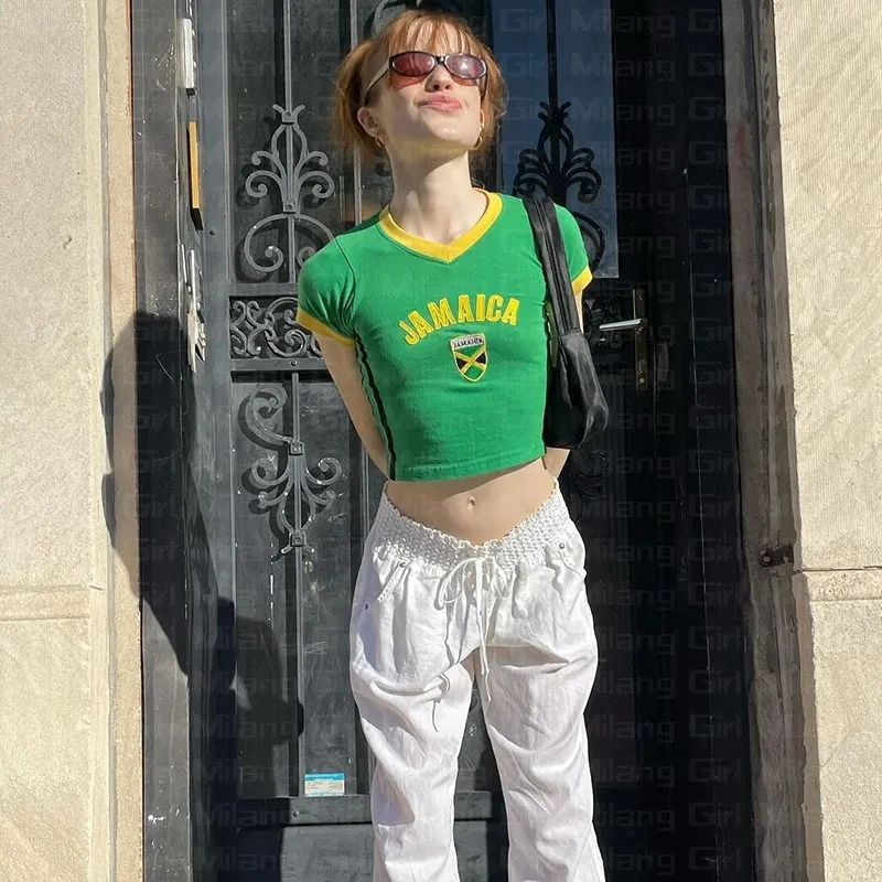 Short Summer American-style Navel-exposed T-shirt Y2g Round Neck Pullover - Green