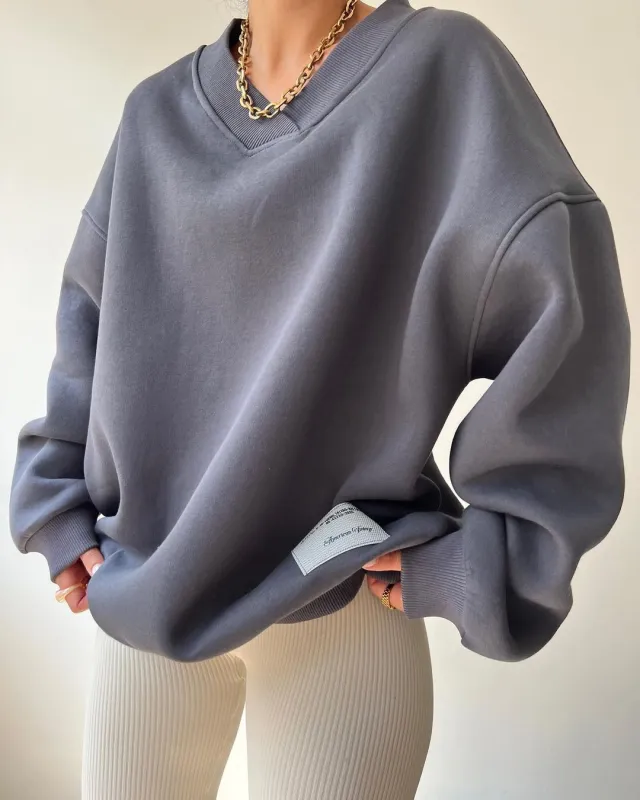 Women's Loose Sweater V neck Long Sleeve Gray - Shop at LoveMi