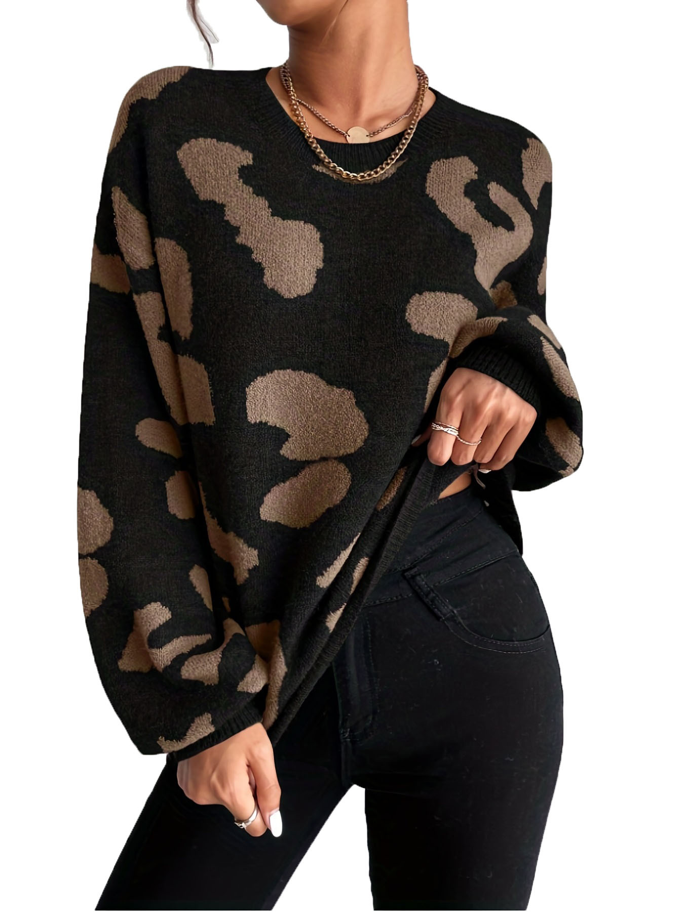 Leopard Print Off-shoulder Fluffy Knitted Round Neck Sweater