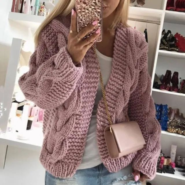 Sweater Women's Thick Thread Twist Knitted Cardigan Sweater Purple - Shop at LoveMi