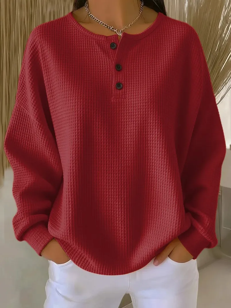 Round Neck Waffle Solid Color Pullover Loose Top - Red