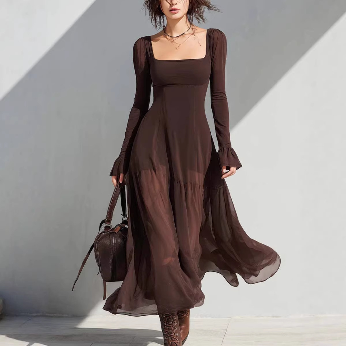 Womens Solid-Color Long-Sleeve U-Neck Dress