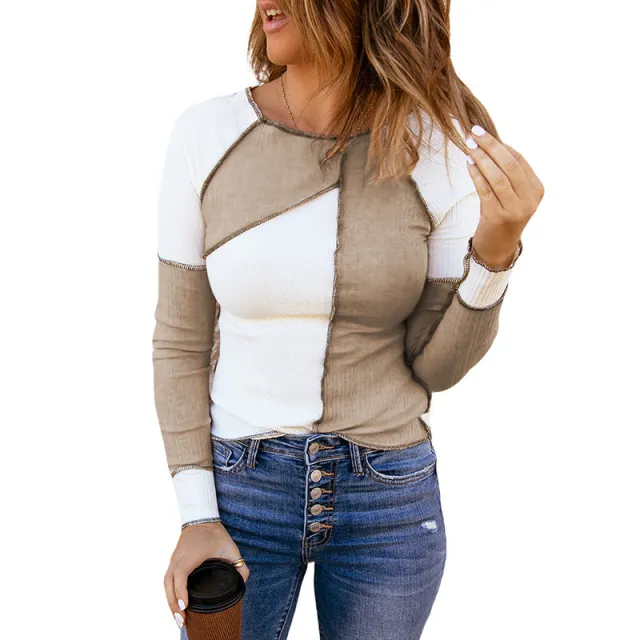Women's Long Sleeve Color Contrast Bottoming Shirt Slim Fit Slimming Knitted Top White - Shop at LoveMi