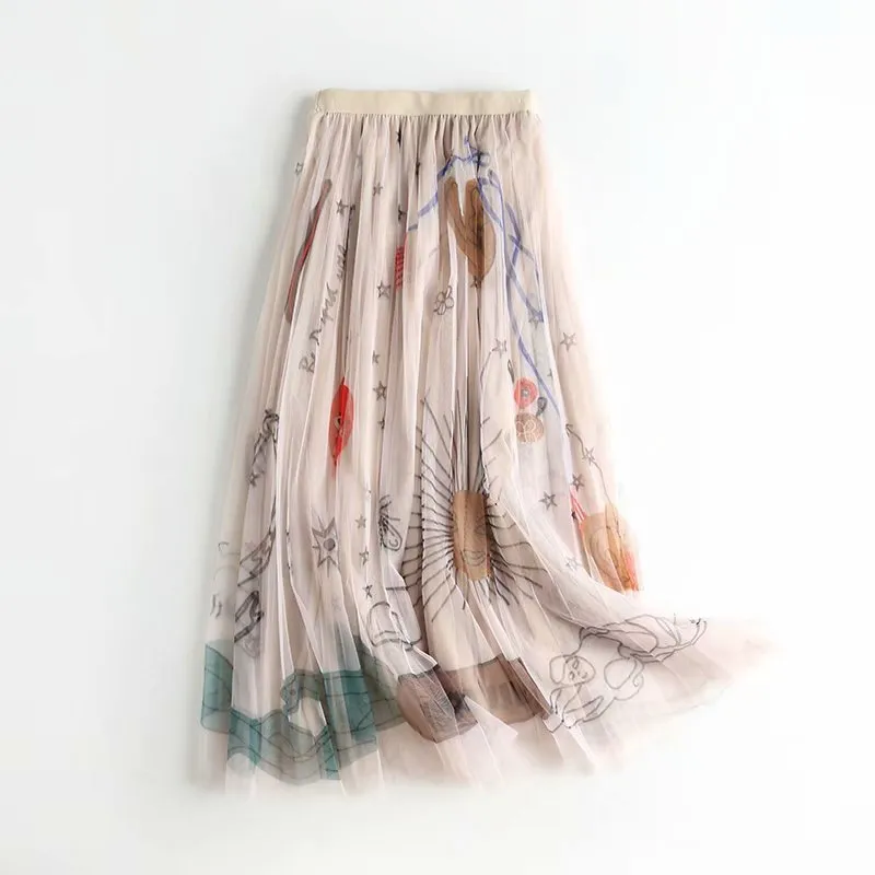 High Waist Slimming Printed Mesh Mid-length Skirt - Pink