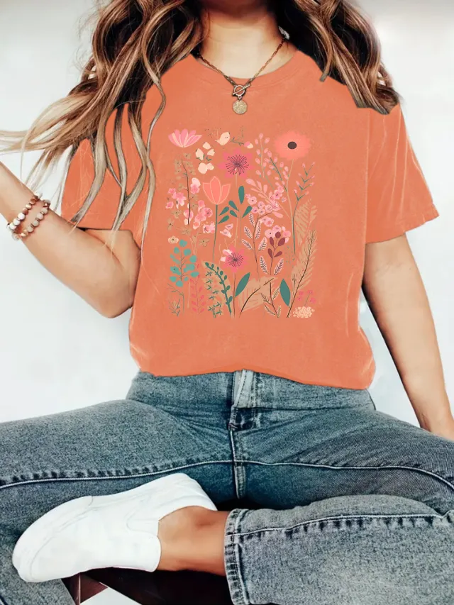 European And American Summer Women's Plant Flower Graphic Print Crew Neck Short Sleeve Orange - Shop at LoveMi