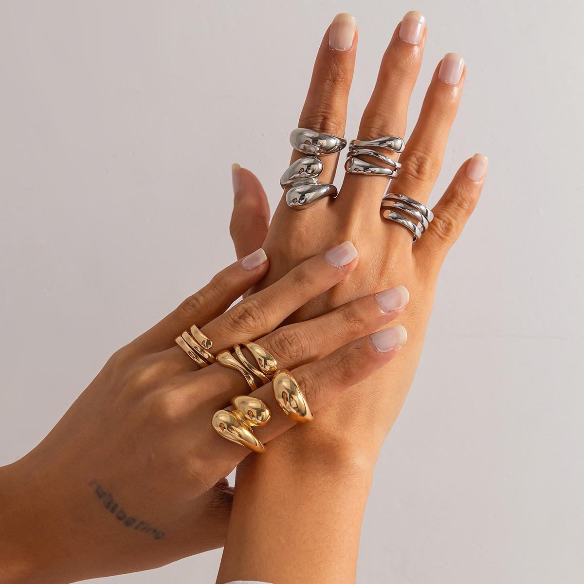 Geometric Vintage Irregular Alloy Ring Set With Unique-Shaped Pearls