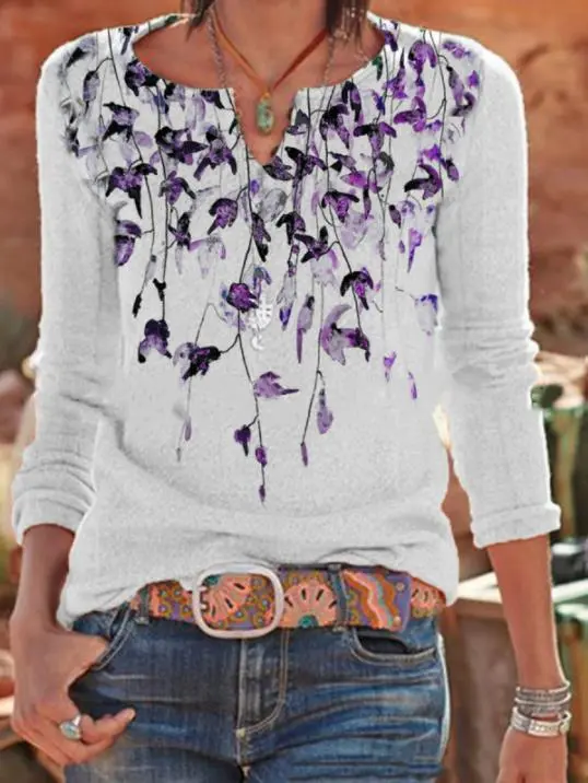 European And American Round Neck Leaves Printed V neck Casual Loose fitting T shirt Purple - Shop at LoveMi