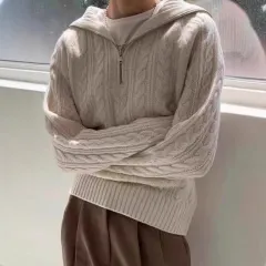 Elegant Lapel Twist Design Loose Casual Sweater Women - Rice Apricot - View 1
