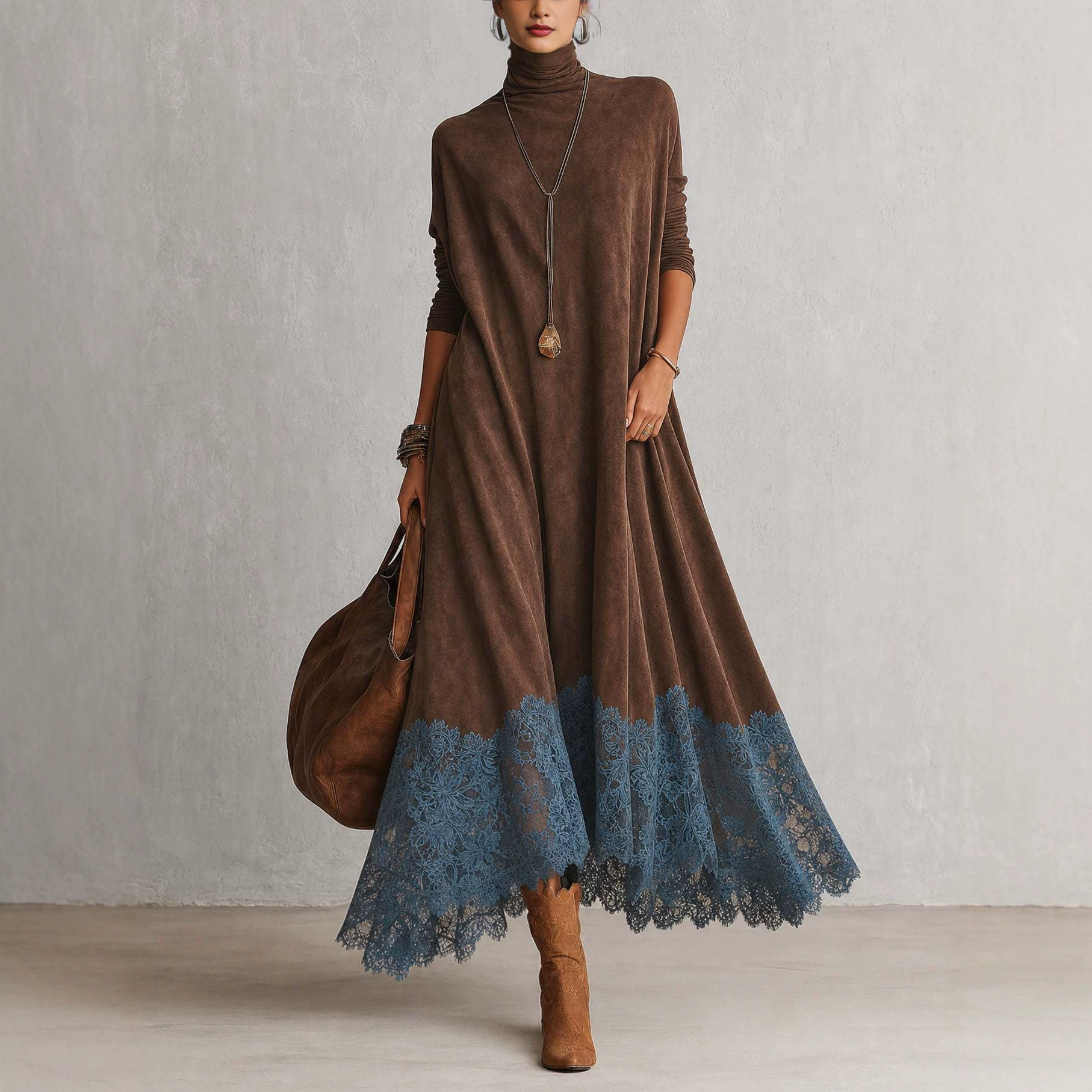 Retro Turtleneck Suede Stitching Lace Dress