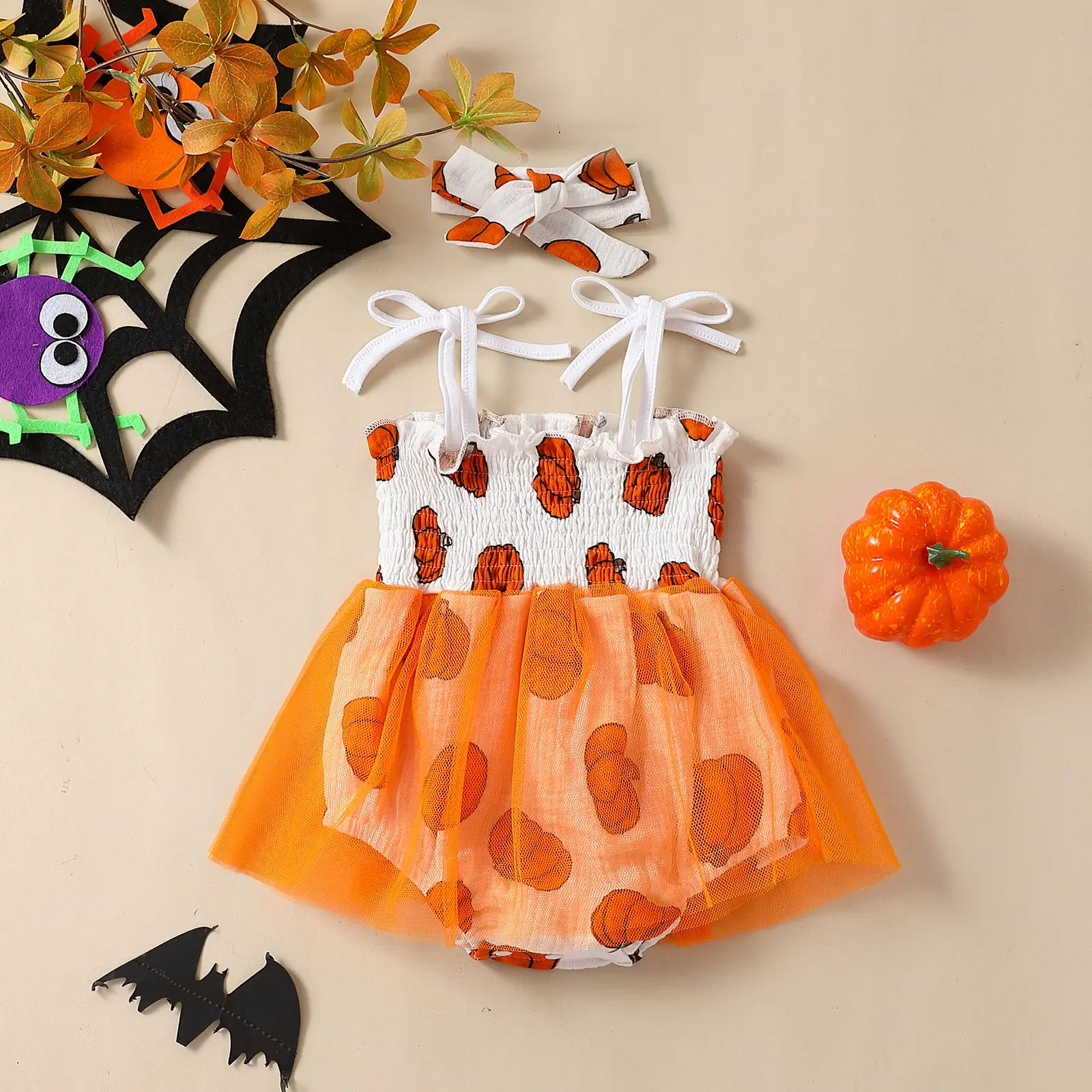 New Baby Girl Halloween Mesh Slip Dress Triangle Rompers Headwear